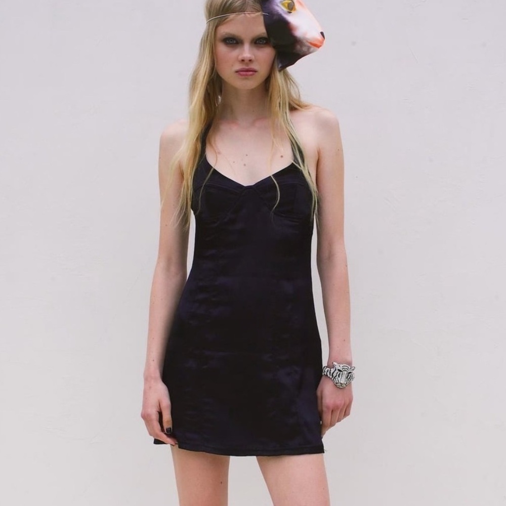 ZARA Black Satin Bustier Mini Dress Large Lingerie Style NEW